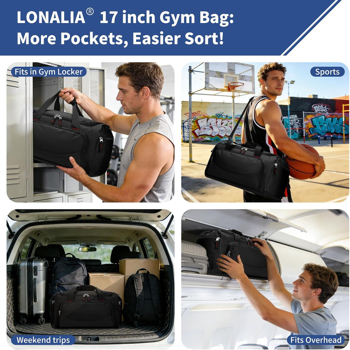 30L Gym Sport Duffle Bag - 17 Inch Carry on Weekender Overnight Bag for Travel, Workout, Fitness (Black-30L)