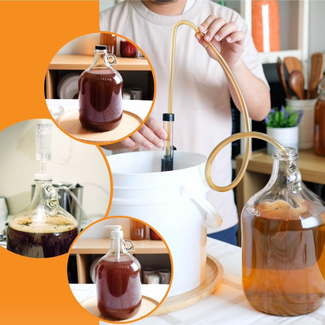 1 Gallon Glass Jug with #6 Rubber Bungs & Twin Bubble Airlock – Fermentation Jars for Home Brewing, Clear Glass Fermenter Containers for Liquid Fermentation