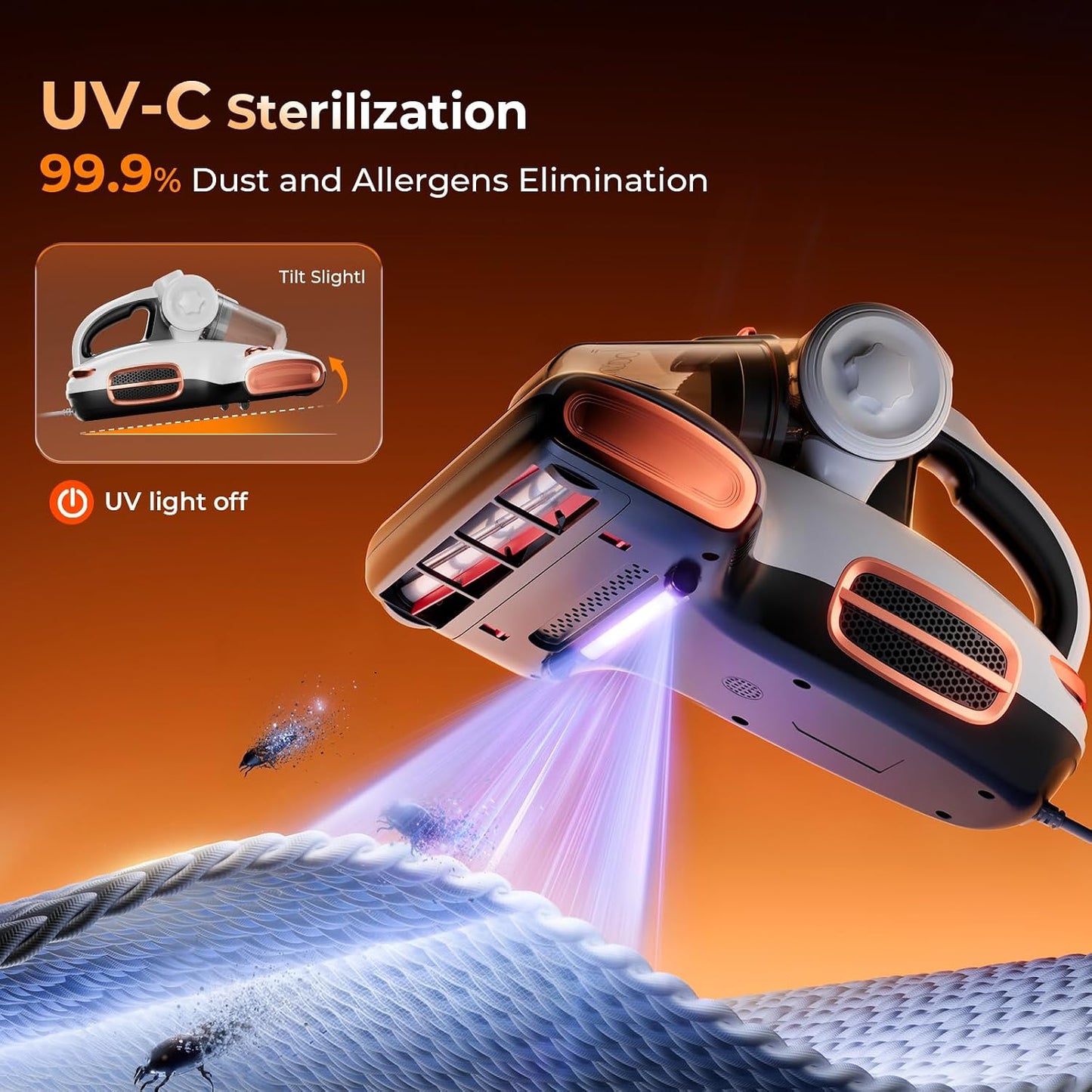 T600 Mattress Vacuum Cleaner with UV-C Light, 15Kpa Suction 700W Powerful Double-Cup Handheld Vacuums, Bed Cleaner with Smart Dust Sensor, Ultrasonic, Heating Tech, MIF Filter