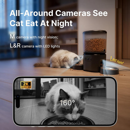 Automatic Cat Feeder 2 Cats with 3 Cameras, Dual Bowl Smart Pet Feeder, 1080P HD Video Night Vision& 2 Led Lights, 5G Wifi App Control, 1-10 Meals/Day Detachable Design with Desiccant