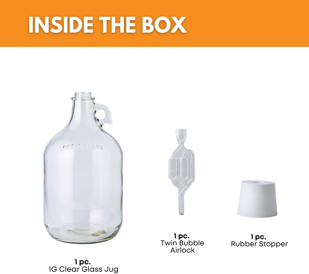 1 Gallon Glass Jug with #6 Rubber Bungs & Twin Bubble Airlock – Fermentation Jars for Home Brewing, Clear Glass Fermenter Containers for Liquid Fermentation