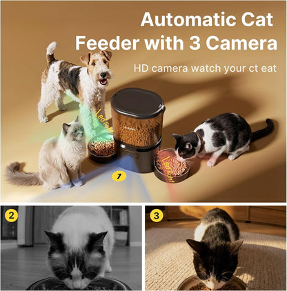 Automatic Cat Feeder 2 Cats with 3 Cameras, Dual Bowl Smart Pet Feeder, 1080P HD Video Night Vision& 2 Led Lights, 5G Wifi App Control, 1-10 Meals/Day Detachable Design with Desiccant