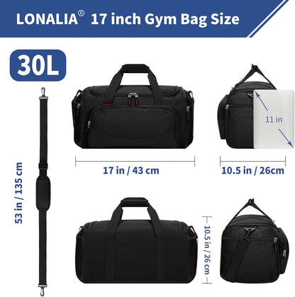 30L Gym Sport Duffle Bag - 17 Inch Carry on Weekender Overnight Bag for Travel, Workout, Fitness (Black-30L)