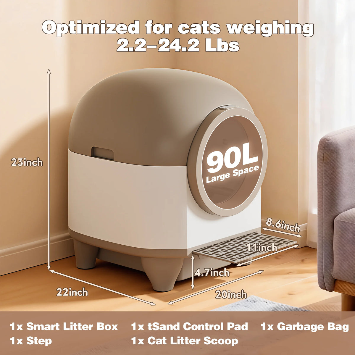 Self-Cleaning Cat Litter Box with Mat – Automatic Litter Box for Multiple Cats, Featuring Safety Protection and App Control, Includes a Complimentary Garbage Bag, Brown