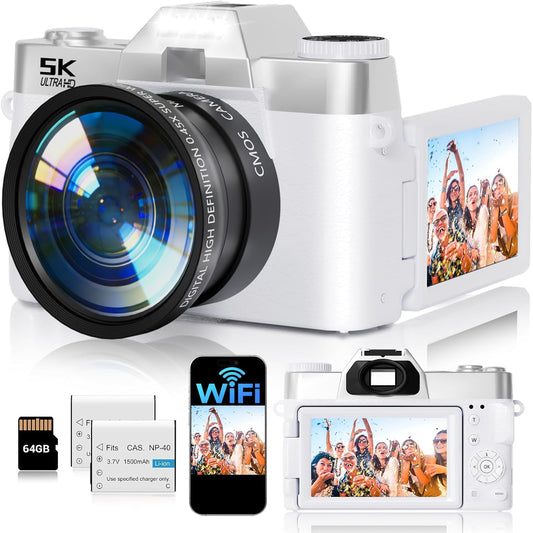 Digital Camera,Uhd 75MP 5K for Photography with Wifi,64Gb SD Card Vlogging Travel Camera for Youtube,Featuring 3" 180°Flip Screen,Suitable for Beginners and Teens,White