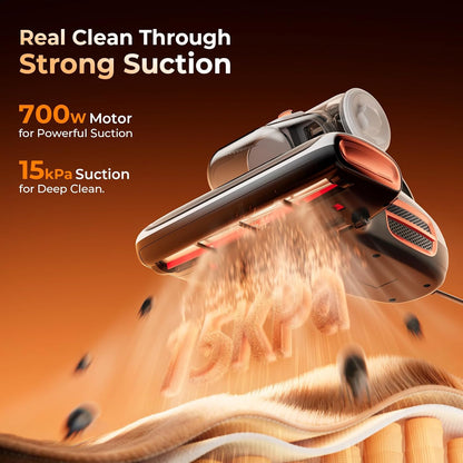 T600 Mattress Vacuum Cleaner with UV-C Light, 15Kpa Suction 700W Powerful Double-Cup Handheld Vacuums, Bed Cleaner with Smart Dust Sensor, Ultrasonic, Heating Tech, MIF Filter