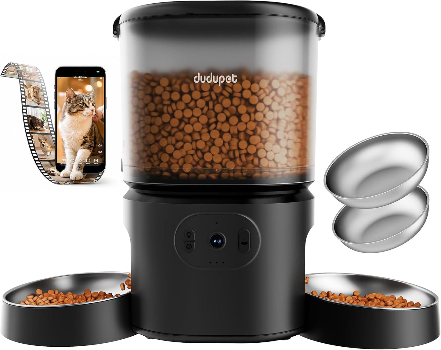 Automatic Cat Feeder 2 Cats with 3 Cameras, Dual Bowl Smart Pet Feeder, 1080P HD Video Night Vision& 2 Led Lights, 5G Wifi App Control, 1-10 Meals/Day Detachable Design with Desiccant