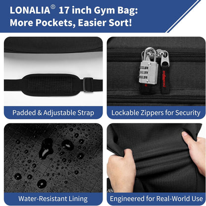 30L Gym Sport Duffle Bag - 17 Inch Carry on Weekender Overnight Bag for Travel, Workout, Fitness (Black-30L)