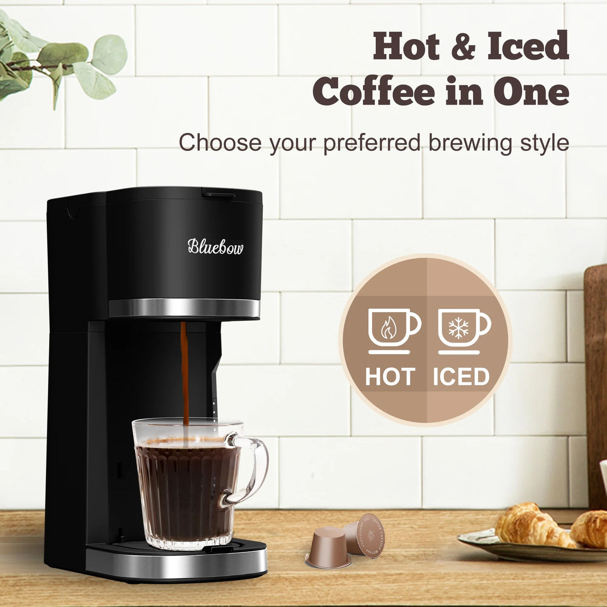 Hot & Iced Coffee Maker, 3 in 1 Single Serve Brew for K Cup, Ground Coffee & Tea, Iced Tea Maker, 6-12Oz Brew Size, Black