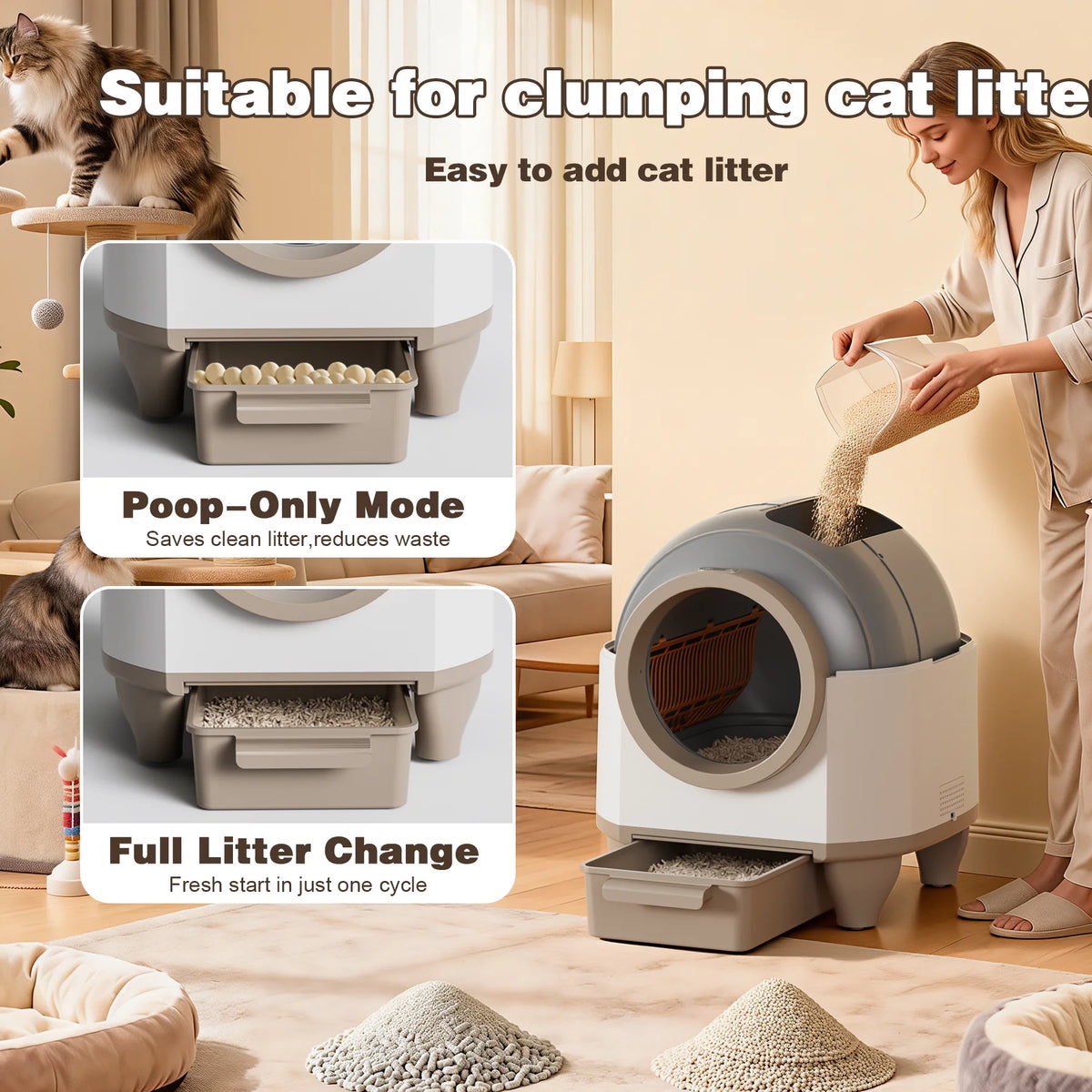 Self-Cleaning Cat Litter Box with Mat – Automatic Litter Box for Multiple Cats, Featuring Safety Protection and App Control, Includes a Complimentary Garbage Bag, Brown