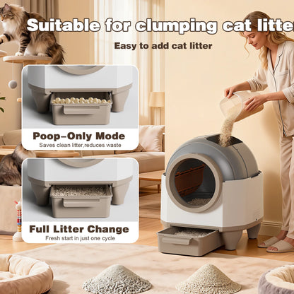 Self-Cleaning Cat Litter Box with Mat – Automatic Litter Box for Multiple Cats, Featuring Safety Protection and App Control, Includes a Complimentary Garbage Bag, Brown