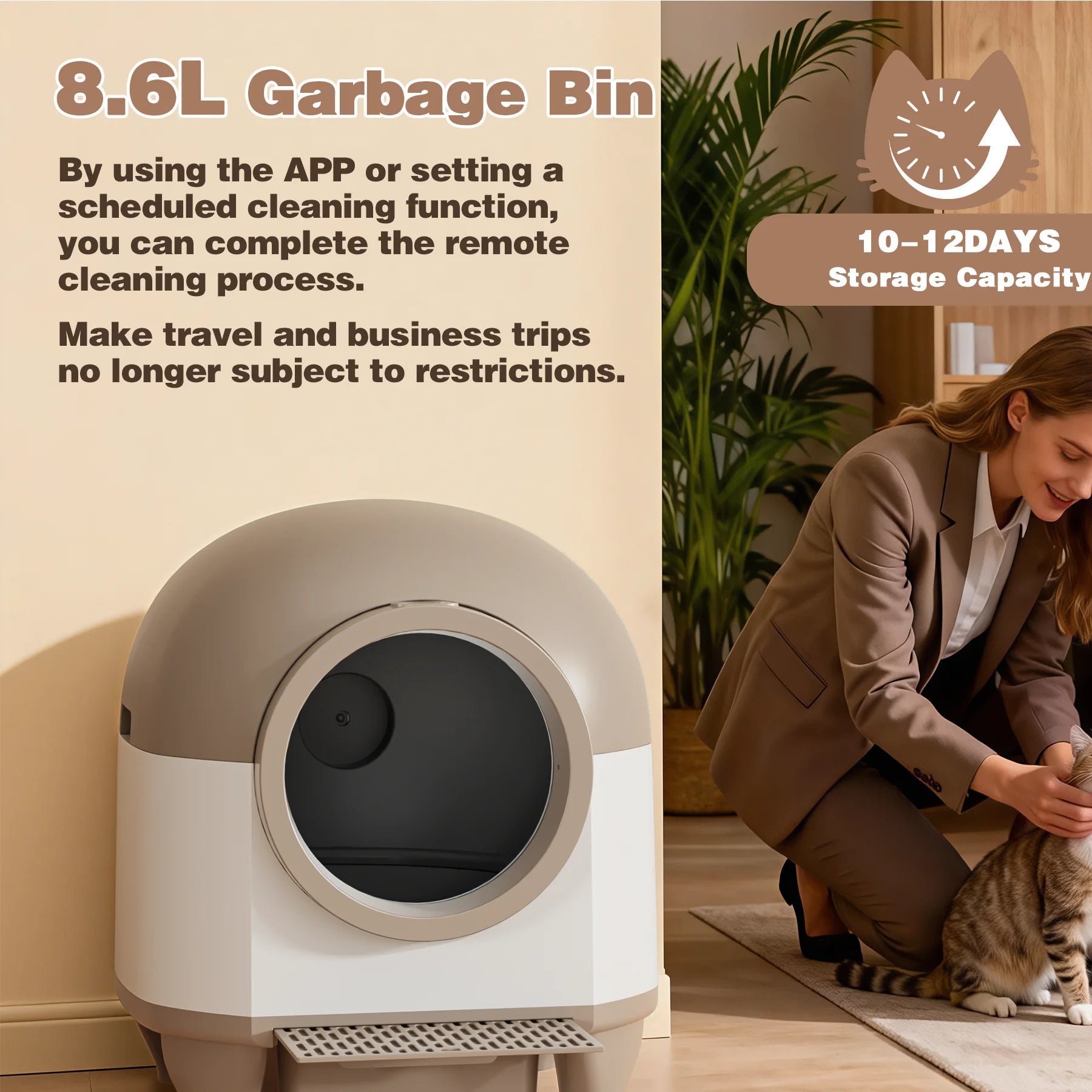 Self-Cleaning Cat Litter Box with Mat – Automatic Litter Box for Multiple Cats, Featuring Safety Protection and App Control, Includes a Complimentary Garbage Bag, Brown