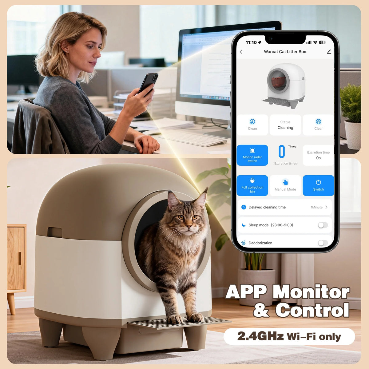 Self-Cleaning Cat Litter Box with Mat – Automatic Litter Box for Multiple Cats, Featuring Safety Protection and App Control, Includes a Complimentary Garbage Bag, Brown