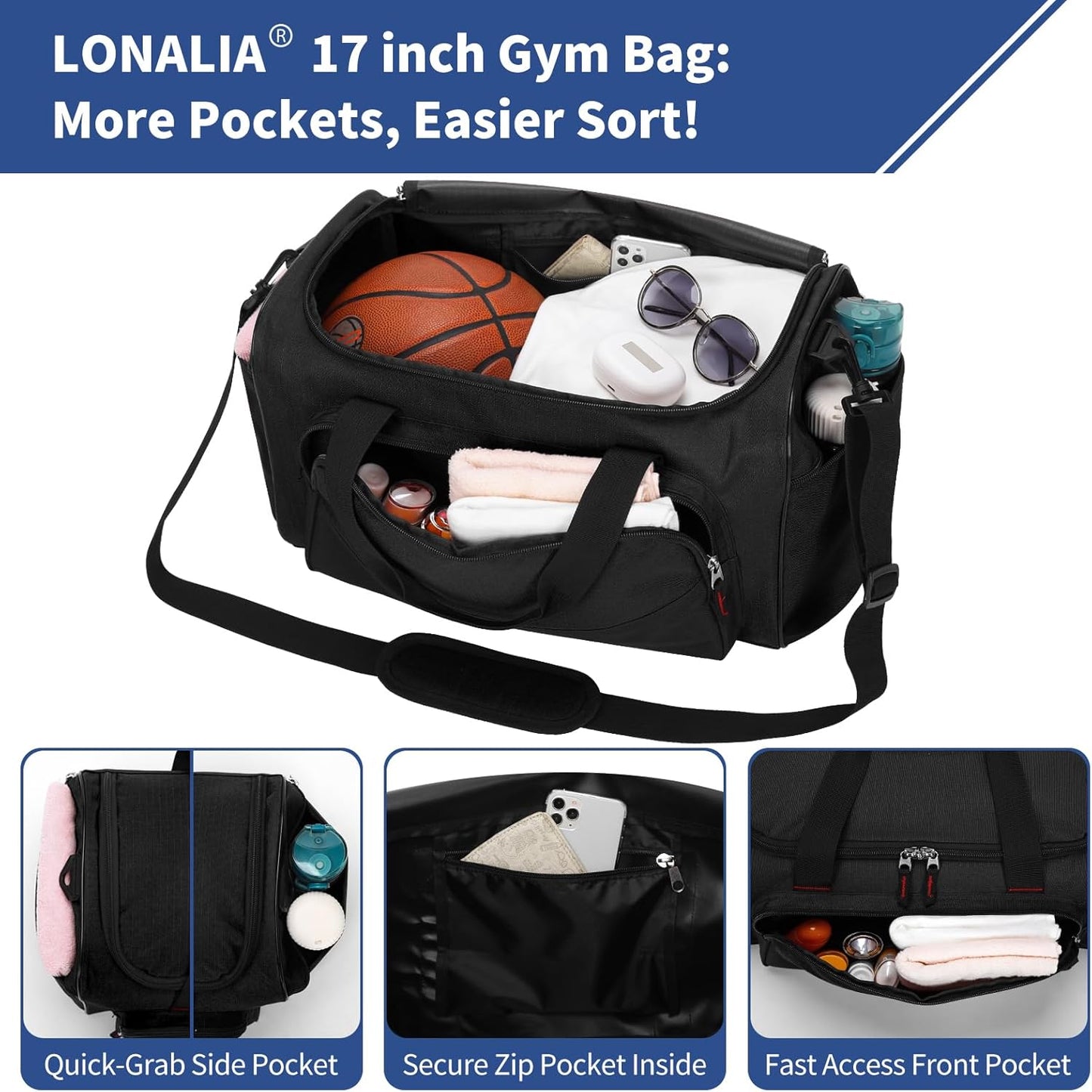 30L Gym Sport Duffle Bag - 17 Inch Carry on Weekender Overnight Bag for Travel, Workout, Fitness (Black-30L)