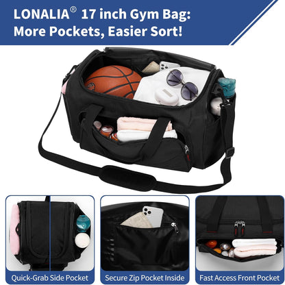 30L Gym Sport Duffle Bag - 17 Inch Carry on Weekender Overnight Bag for Travel, Workout, Fitness (Black-30L)