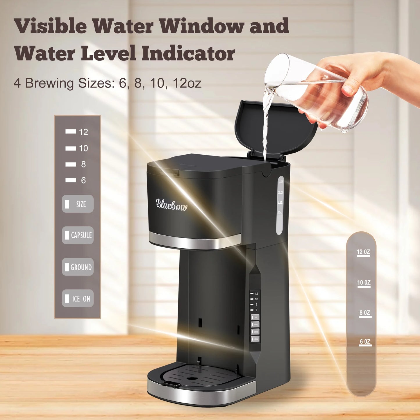 Hot & Iced Coffee Maker, 3 in 1 Single Serve Brew for K Cup, Ground Coffee & Tea, Iced Tea Maker, 6-12Oz Brew Size, Black