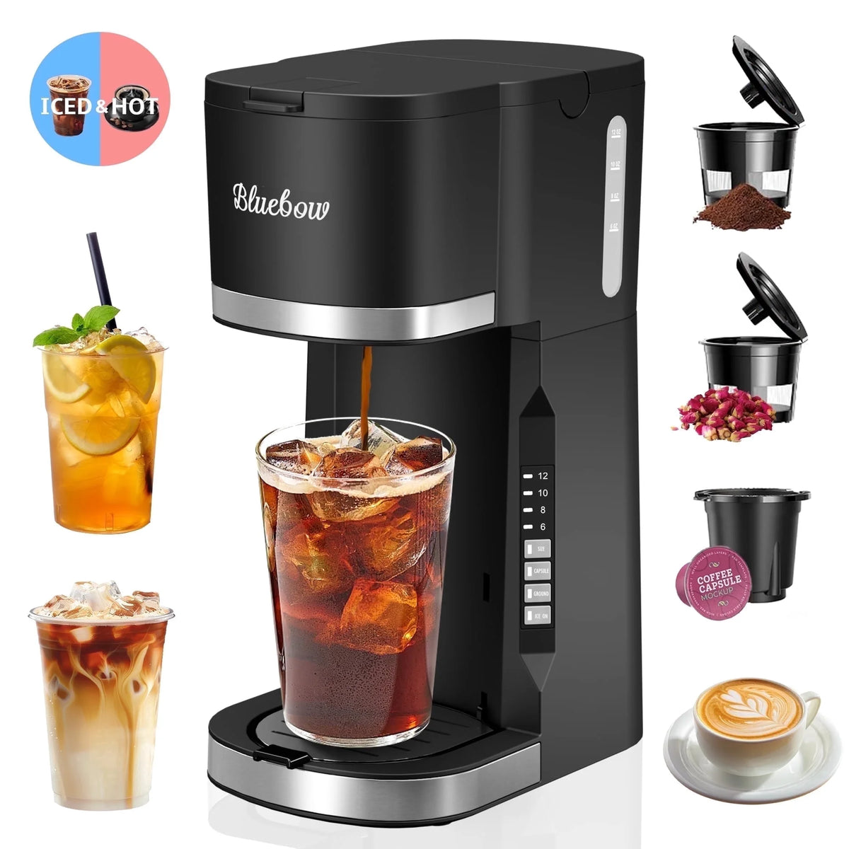 Hot & Iced Coffee Maker, 3 in 1 Single Serve Brew for K Cup, Ground Coffee & Tea, Iced Tea Maker, 6-12Oz Brew Size, Black