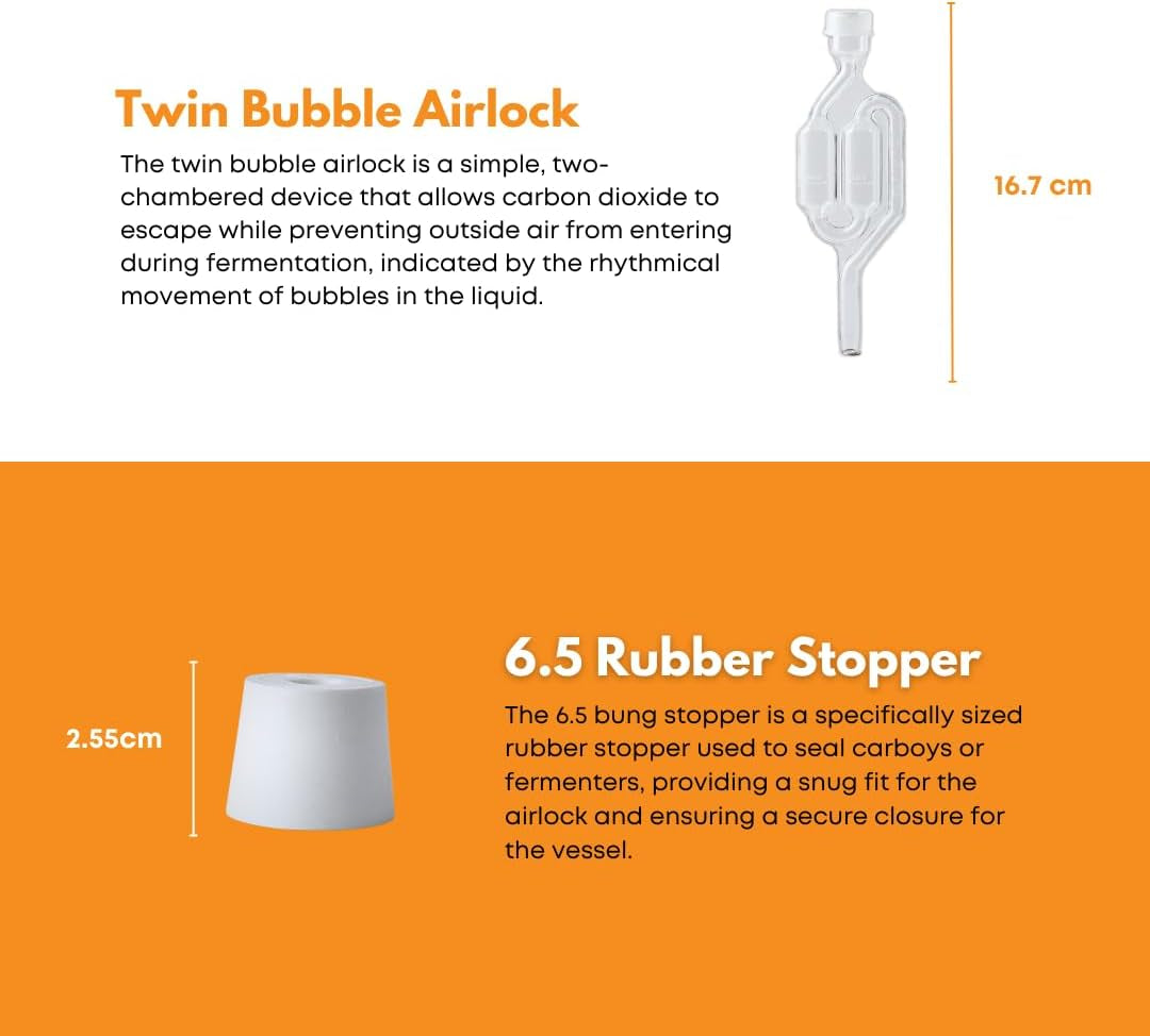 1 Gallon Glass Jug with #6 Rubber Bungs & Twin Bubble Airlock – Fermentation Jars for Home Brewing, Clear Glass Fermenter Containers for Liquid Fermentation