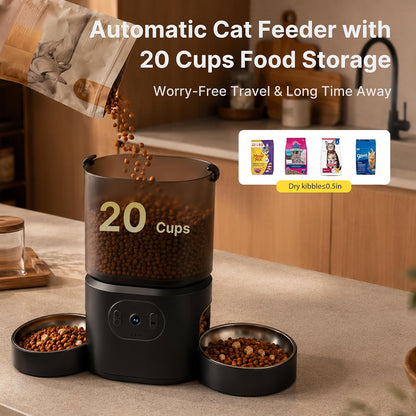 Automatic Cat Feeder 2 Cats with 3 Cameras, Dual Bowl Smart Pet Feeder, 1080P HD Video Night Vision& 2 Led Lights, 5G Wifi App Control, 1-10 Meals/Day Detachable Design with Desiccant
