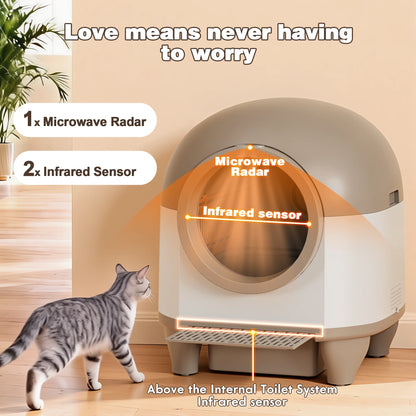 Self-Cleaning Cat Litter Box with Mat – Automatic Litter Box for Multiple Cats, Featuring Safety Protection and App Control, Includes a Complimentary Garbage Bag, Brown