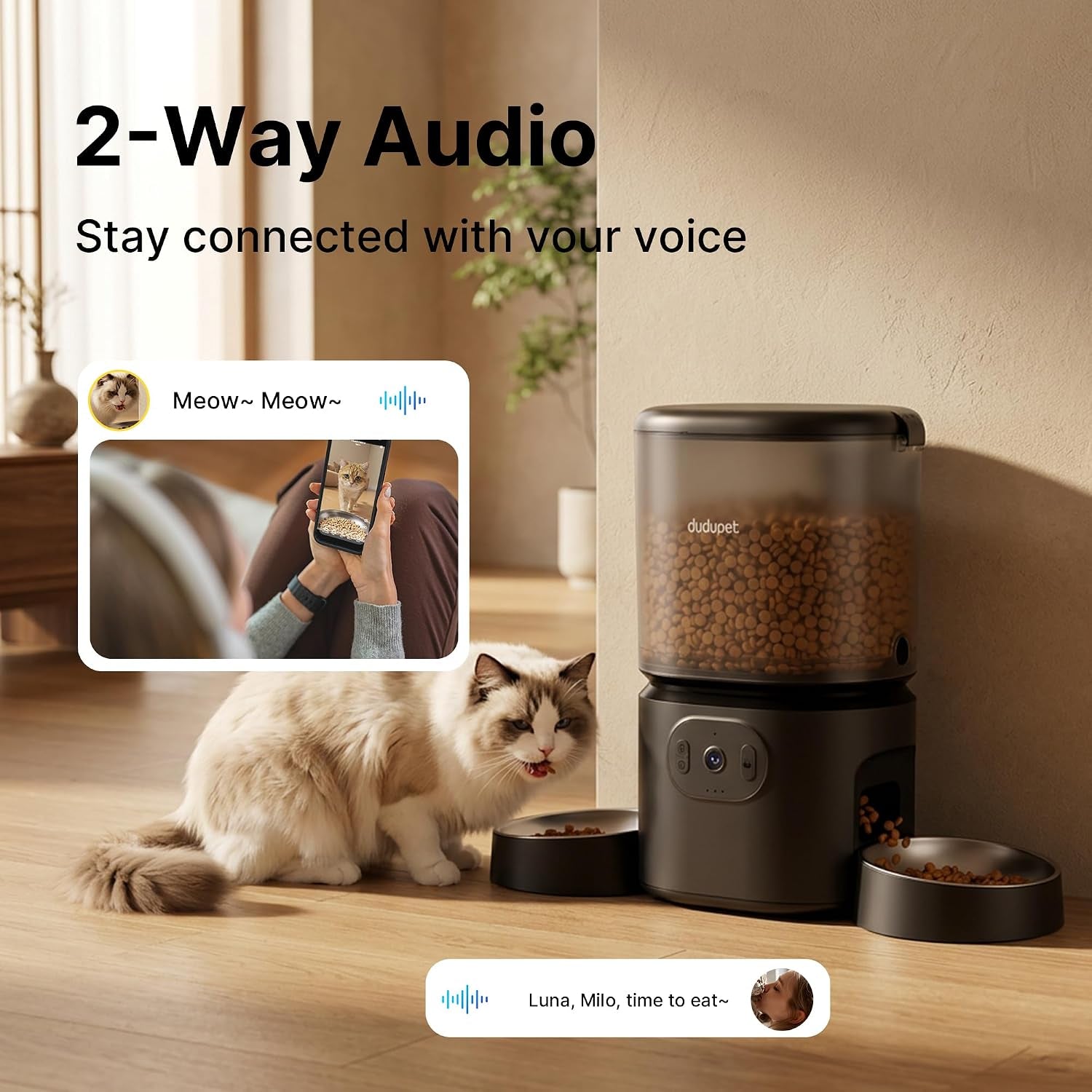 Automatic Cat Feeder 2 Cats with 3 Cameras, Dual Bowl Smart Pet Feeder, 1080P HD Video Night Vision& 2 Led Lights, 5G Wifi App Control, 1-10 Meals/Day Detachable Design with Desiccant