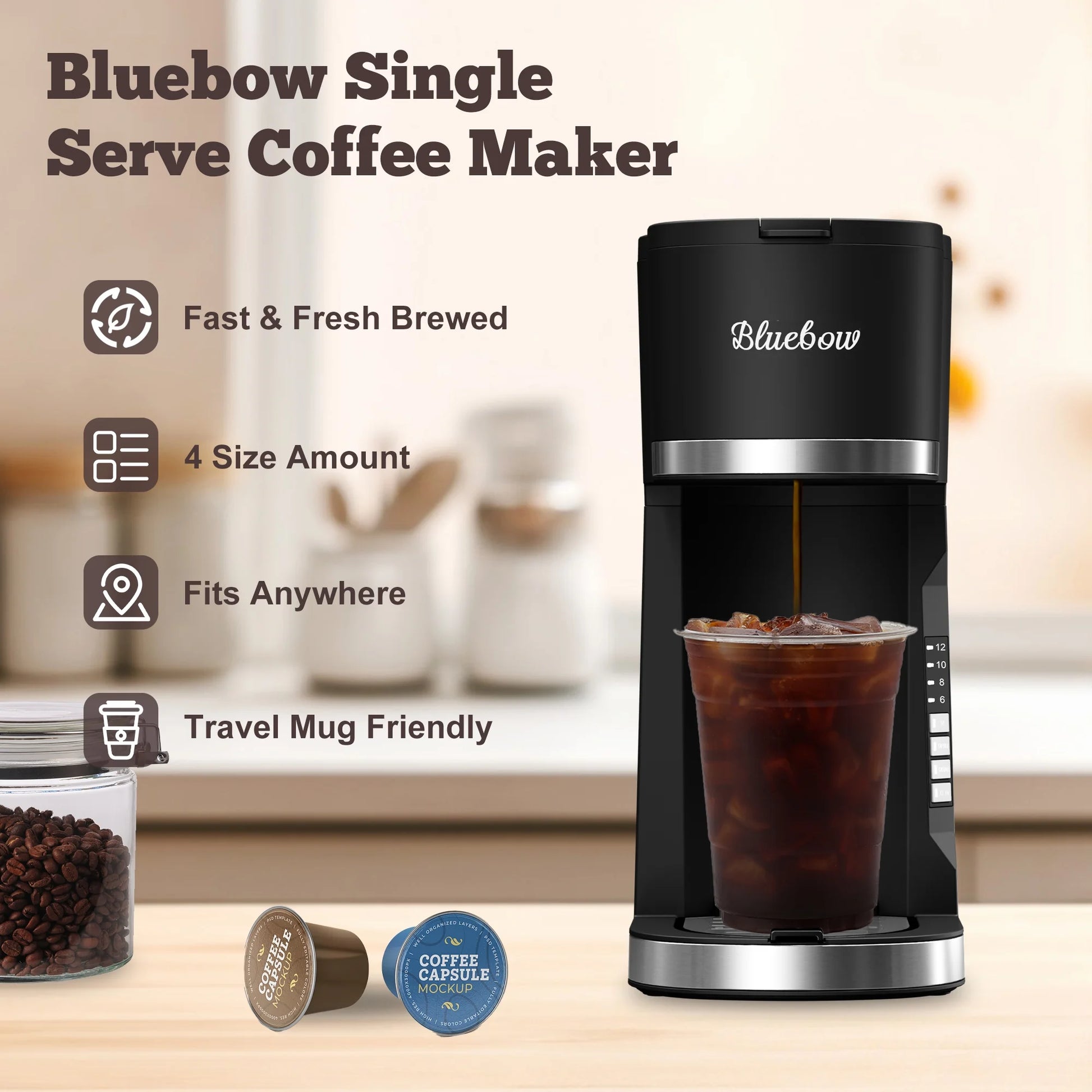Hot & Iced Coffee Maker, 3 in 1 Single Serve Brew for K Cup, Ground Coffee & Tea, Iced Tea Maker, 6-12Oz Brew Size, Black