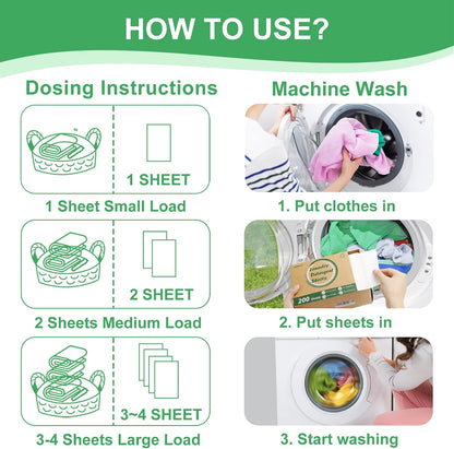 Laundry Detergent Sheets, 200 Count, Fragrance Free, Eco-Friendly, Plastic-Free, Hypoallergenic, Liquidless Washing Supplies for Dorm Travel Camping