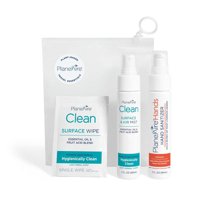 Travel Essentials | Hygiene Kit | Travel Toiletry Kit | Travel Size | Spray Hand Sanitizer Tangerine Coriander Scent | Surface Wipes | Individual Travel Wipes | Surface Cleaner | with Essential Oils