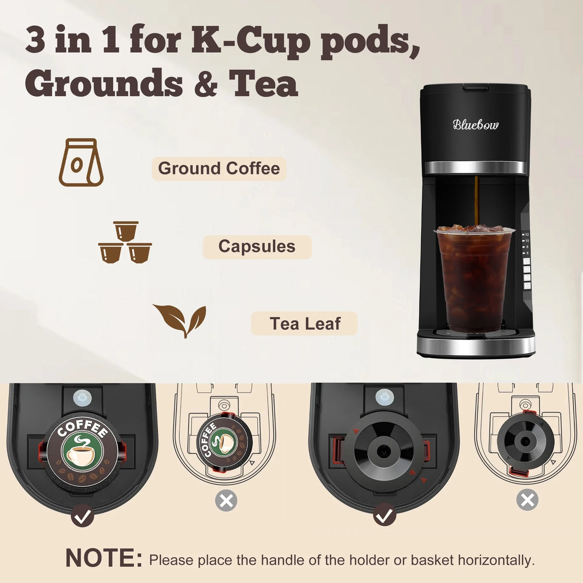 Hot & Iced Coffee Maker, 3 in 1 Single Serve Brew for K Cup, Ground Coffee & Tea, Iced Tea Maker, 6-12Oz Brew Size, Black