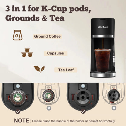 Hot & Iced Coffee Maker, 3 in 1 Single Serve Brew for K Cup, Ground Coffee & Tea, Iced Tea Maker, 6-12Oz Brew Size, Black