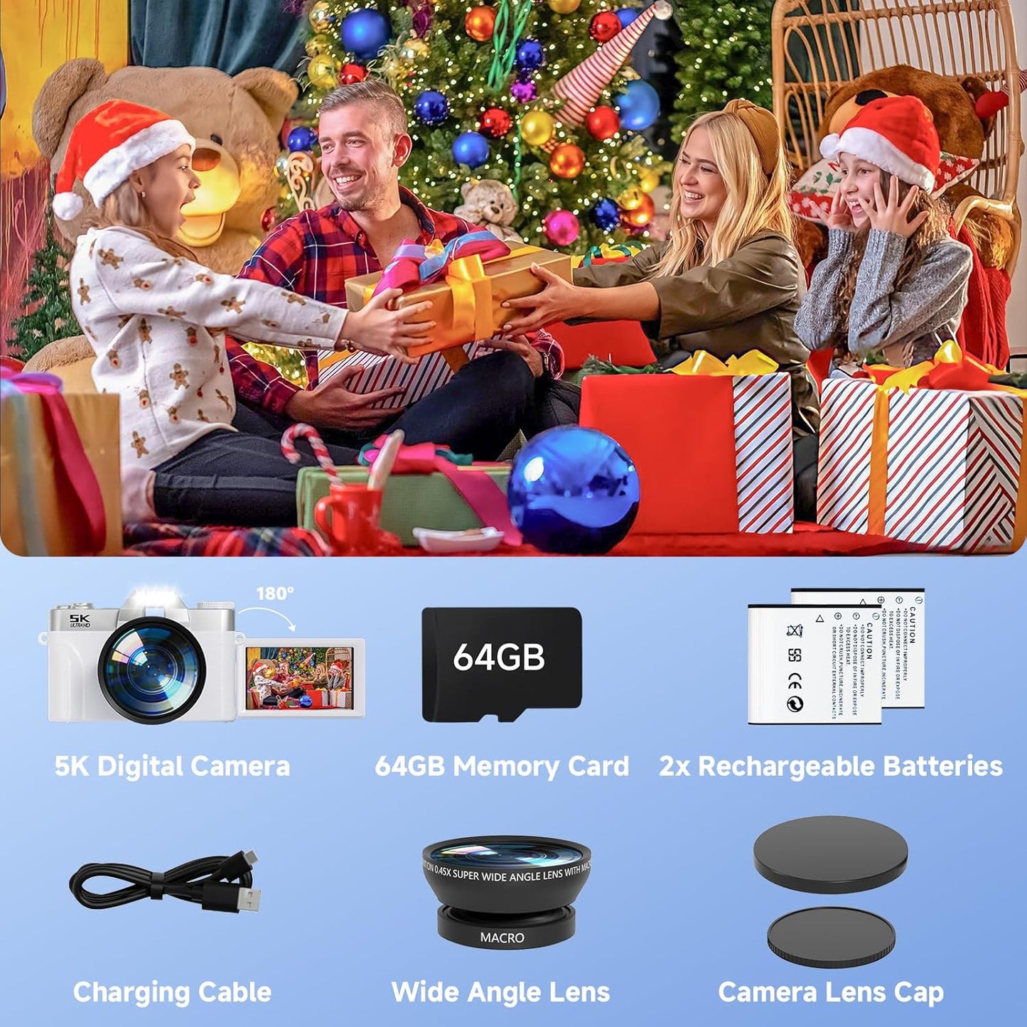 Digital Camera,Uhd 75MP 5K for Photography with Wifi,64Gb SD Card Vlogging Travel Camera for Youtube,Featuring 3" 180°Flip Screen,Suitable for Beginners and Teens,White