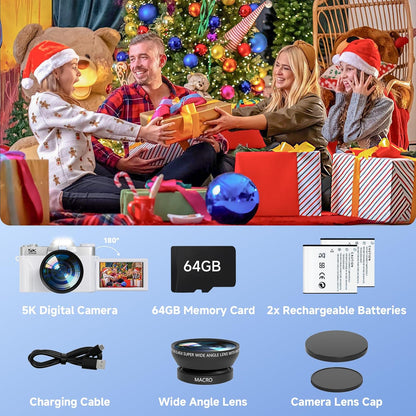 Digital Camera,Uhd 75MP 5K for Photography with Wifi,64Gb SD Card Vlogging Travel Camera for Youtube,Featuring 3" 180°Flip Screen,Suitable for Beginners and Teens,White